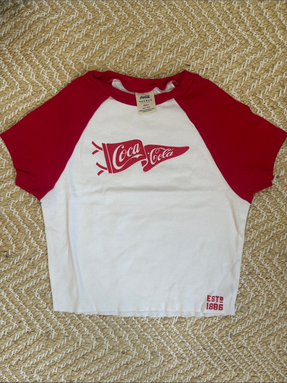PacSun White Tee with Red Raglan Sleeves and Red Logo